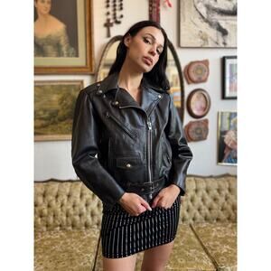 80s Black Leather Motorcycle Jacket by Gino Leathers Ladies Small w Blue Blones